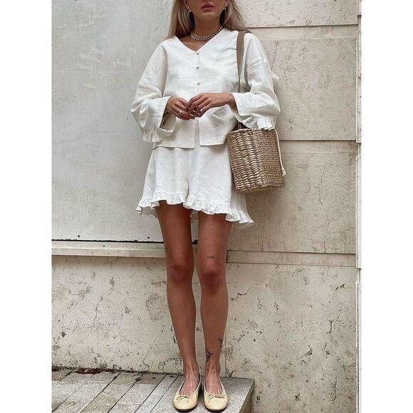 Commense Pure Cotton Ruffle Decor Shorts Set off white size M - Picture 2 of 5